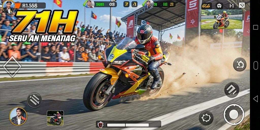 Screenshot dari gameplay seru di 71H dengan balapan motor.
