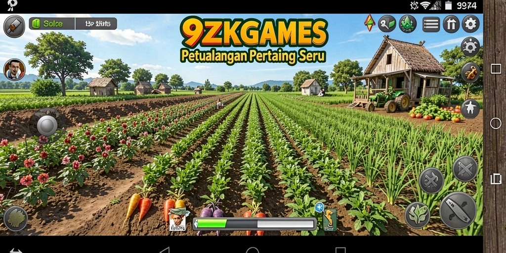 Tangkapan layar menampilkan gameplay seru dari 9ZKGAMES, penuh warna dan aksi pertanian.