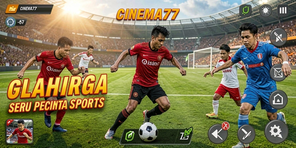 Tangkapan layar utama CINEMA77 yang menunjukkan aksi pertandingan olahraga seru.