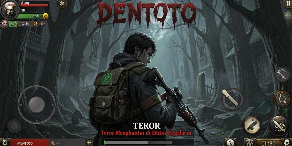 Screenshot gameplay DENTOTO menampilkan suasana seram yang mencekam.