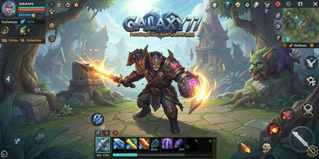 Screenshot gameplay GALAXY77 menampilkan aksi karakter dalam pertempuran yang epik.