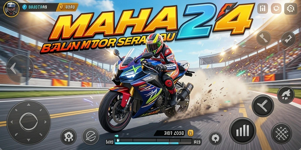 Tampilan gameplay MAHA24 yang mendebarkan saat balapan motor.