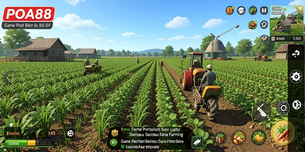 Screenshot gameplay menunjukkan petani sibuk merawat tanaman di ladang.